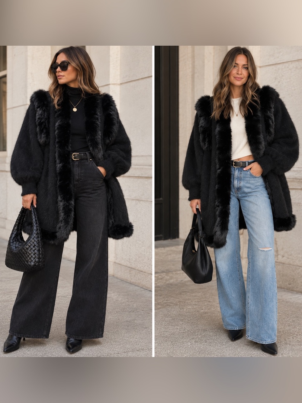 Vintage 80s Imago Black Fur Trim Coat Rabbit Hair Blend Open Front Glam M